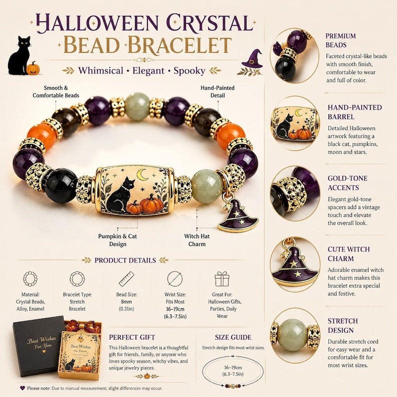 Halloween Beaded Bracelet with Evil Witch Hat Pumpkin Charms, Crystal Beads, Adjustable Festival Gift for Women & Girls