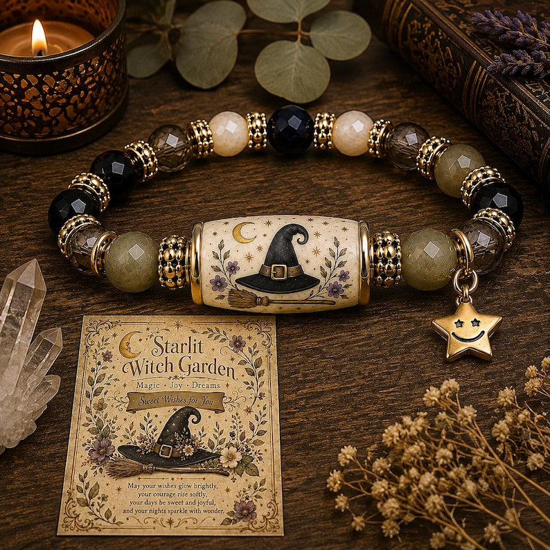 Halloween Beaded Bracelet with Evil Witch Hat Pumpkin Charms, Crystal Beads, Adjustable Festival Gift for Women & Girls